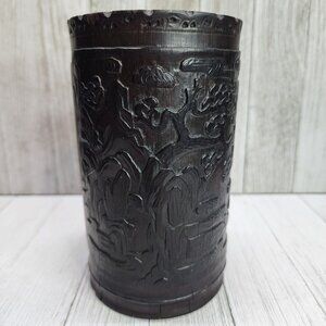 Vtg Oriental Natural Bamboo Wood Carved Brush Pot Bonsai Tree/Bamboo Design 6" T